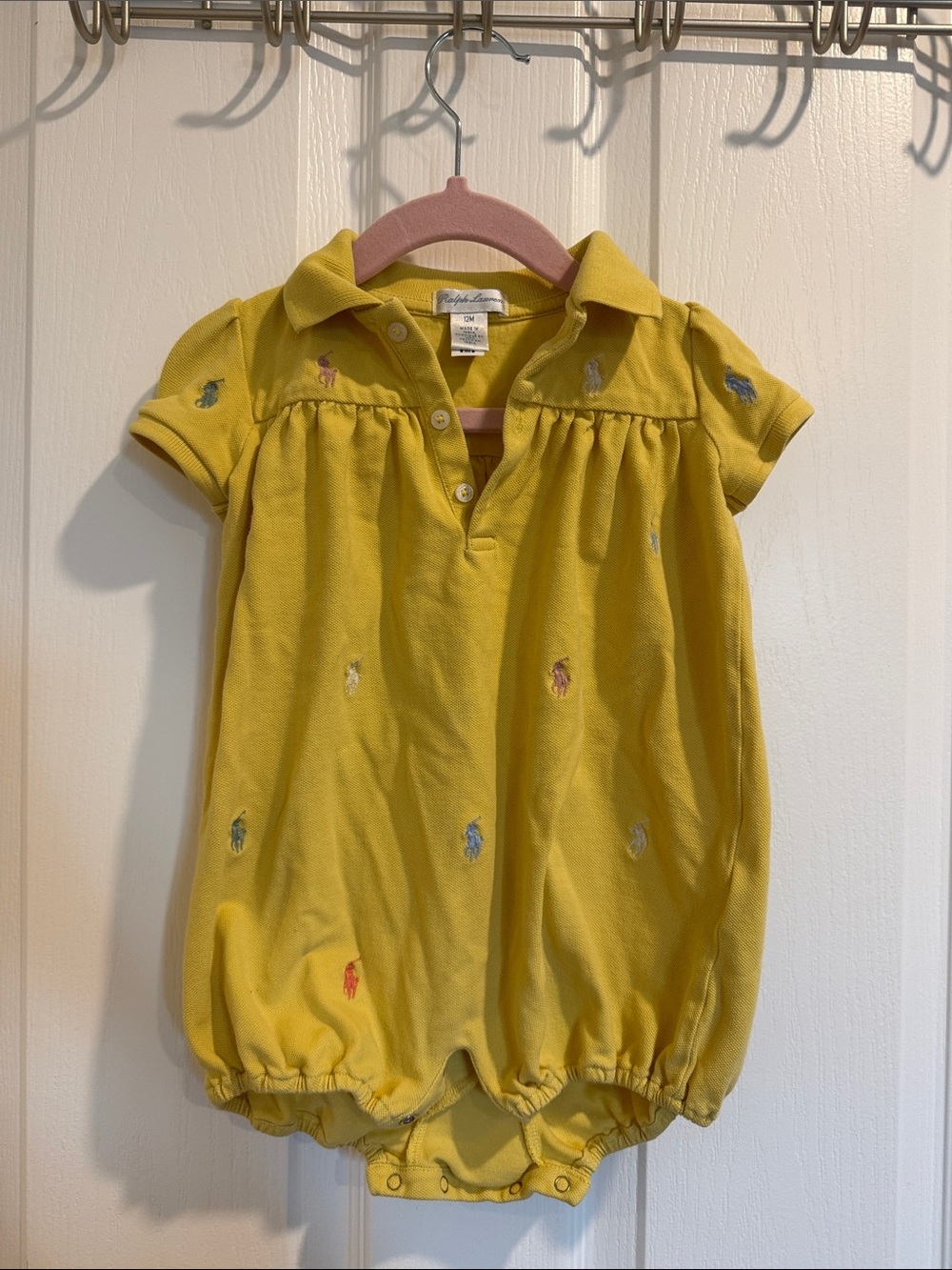 Ralph Lauren Yellow Polo Bubble Romper with Multi-Color Pony Embroidery